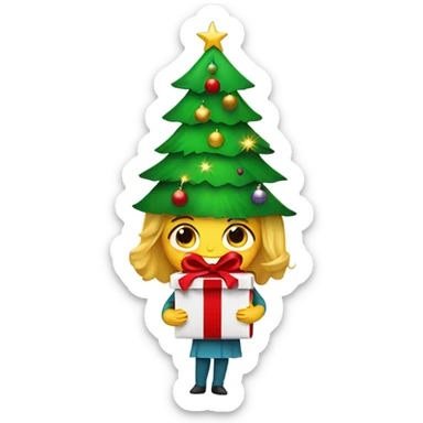 Christmas tree with a girl under it unwrapping a present  sticker