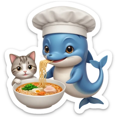 I want a dolphin on top of a cat eating ramen noodles in Japan shibuya sticker