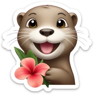 A happy and cute otter face holding a Hawaiian flower sticker