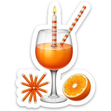 An orange with a horizontal red stripe around the middle. 4 vertical cocktail sticks in the orange with small pieces of candy on the sticks. On top of the orange a small white lit candle. The orange should be a piece of fruit not a drink.  sticker