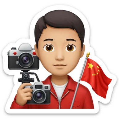 A Chinese man with a Chinese flag and a camera sticker