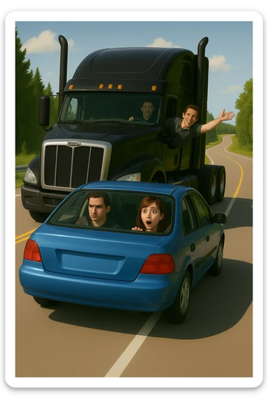 Add a person in the black semi truck with their arm out the window. Keep the scene bright and vibrant, with a person in the car in front. sticker