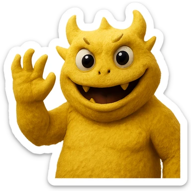 Make this yellow athletic mascot look more grown up and cooler, less like a person and more like a monster, keep the soft fuzzy texture and big eyes, waving cheerfully, with no background. Maintain the yellow color and soft fuzzy texture with big eyes, emphasizing a monster-like character waving cheerfully. sticker