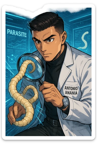 A dynamic manga/webtoon-style illustration of a young male kinesiologist wearing a clean white lab coat, analyzing light beige worms like a tapeworm under a magnifying glass. His expression is focused and slightly intrigued, with sharp, detailed eyes. The art style is vibrant, with bold linework, rich colors, and dramatic lighting. The background is a futuristic laboratory with glowing holographic screens displaying parasite data. The tapeworm is intricately drawn, slimy and segmented, with a slightly exaggerated yet realistic texture. The composition is dynamic, with motion lines or energy effects to emphasize his scientific investigation. The atmosphere is intense but not dark, keeping a balance between scientific seriousness and stylish manga aesthetics, he has "ANTONIO ANANIA" WRITTEN ON WHITE LAB COAT sticker