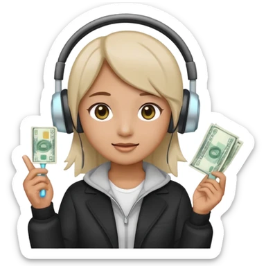 cute emoji style illustration of a K-pop fan holding a bright lightstick in one hand and cash money bills in the other hand, wearing a large headset on the head, round face, simple eyes, flat vector style, soft colors, transparent background, clean outline sticker