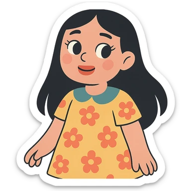 light skinned girl with round, slightly upturned brown eyes with long lashes, medium sized full blush colored lips, slightly chubby cheeks, long straight black hair, wearing a cute dress with floral pattern sticker