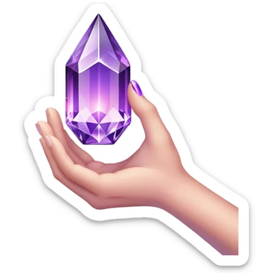 Pov white tone skin hand holding a purple glowing crystal refracting light.  Only the hand should be displayed, nothing else.  sticker