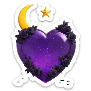 gothic heart made of purple glass with a crescent moon in the center, scattered small black roses, bold stardust, intense lightning bolt, heavy rain, deep cracked glass texture sticker