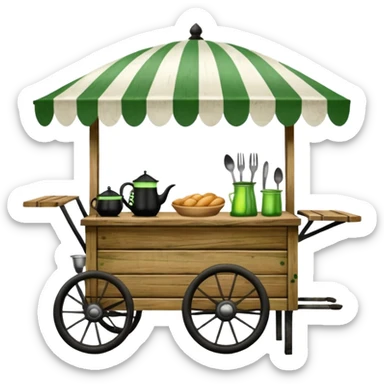wooden food cart with green and white striped canopy, green flag with fork and knife, black lantern, kitchen utensils inside sticker