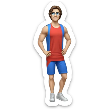 retro 70s blue and red gym clothes for a modern white brunette uni male student with glass sticker