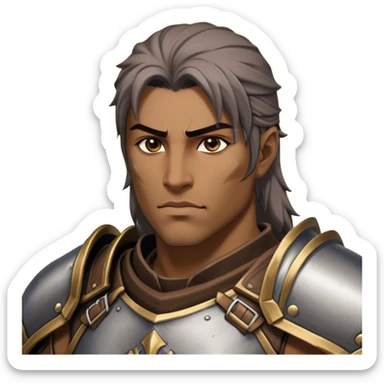 Cinematic Realistic WoW Human Warrior Portrait, head tilted epicly and inquisitively, showcasing a commanding presence and heroic grace. His chiseled features, resolute eyes, and meticulously crafted steel armor with leather accents in harmonious greys and bronzes are rendered with lifelike clarity and dramatic lighting, high shine, epic and awe-inspiring, embodying the spirit of a warrior poised for battle. sticker