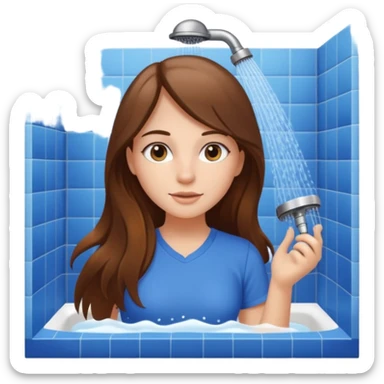 beautiful girl with long brown hair constructing new bathroom area with new shower and amenities  sticker