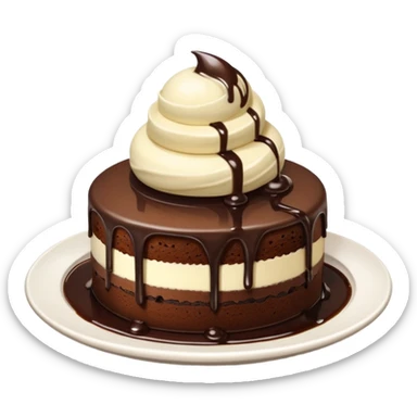 round chocolate cake with vanilla ice cream, chocolate syrup, white plate, cute and appealing, no face emoji style sticker