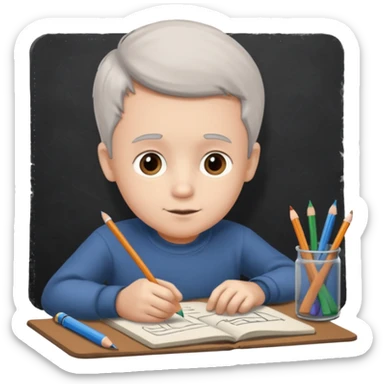 boy ,drawing pic of grandpa on the notebook, characoal sticker