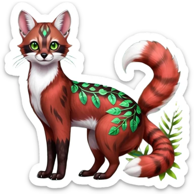 Colorful dark tropical sanguine-red, black, white fur, with green eyes, iridescent glorious divine exotic cute cool beautiful shiny beautiful floral fantasy-caracal-civet-genet-sergal-vernid-Cacomistle-oncilla-animal-Fakémon-hybrid-fursona with pattern markings (full body) sticker