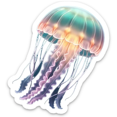 A transparent jellyfish, specifically Aurelia aurita, almost completely see-through. Its body is made of translucent material, glowing softly in dark water, creating a beautiful, ethereal effect. Minimalist, modern design with a glowing, translucent look sticker