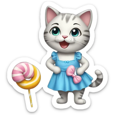 a cheerful cat in a blue dress with candy sticker