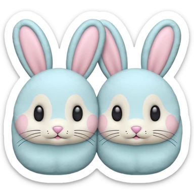 illustration of bunny slippers, claymation style, pastel colors, cute faces, cushion style sticker