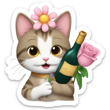 Cat holding flowers and a wine bottle sticker