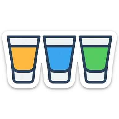 three shot glasses, each with a different drink, clean modern style sticker