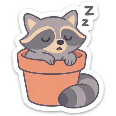 sleepy raccoon inside a flower pot, pastel earthy colors, pastel toon style sticker