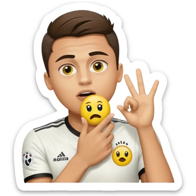 Paulo Dybala celebration with hand over mouth, but make it so you use the yellow emoji face emoji  and hand like a generic emoji sticker