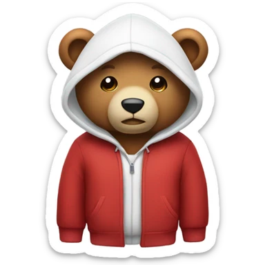 Stuffed bear wearing a hoodie, top half is red, bottom half is white sticker