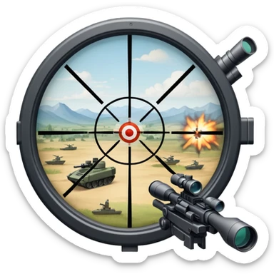 An icon symbolizing first-person shooter games. The design features a circular sniper scope view with crosshairs aimed at a distant target. The background shows a battlefield with soldiers and explosions, capturing the action-packed intensity of FPS games. Transparent background. sticker