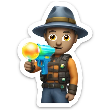 Caucasian man in glowing gear with mask and hat and shooting a bubble gun sticker