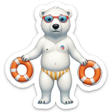 full body friendly anthropomorphised polar bear wearing striped swim shorts and swim goggles, standing in a puddle and holding a life buoy sticker