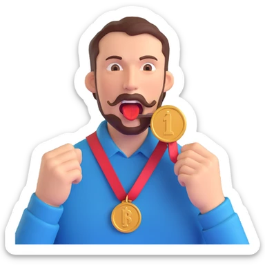 a man holding an iron medal near his mouth, about to bite sticker