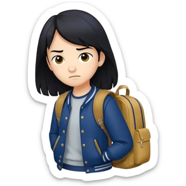 college student with annoyed face , black hair , with navy varsity jacket( initial I)  and  and backpack , girl, long hair,  sticker