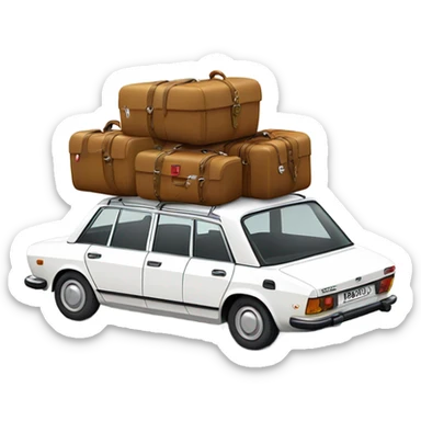 a white peugeot 504 break with few luggage on the roof sticker