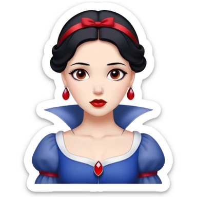 Cinematic Majestic Snow White Portrait Emoji, rendered in a clean, vector-style with bold, simplified shapes. Show Snow White with a serene, noble expression, radiant porcelain skin, and elegantly styled raven hair accented with subtle red highlights, her attire simple yet refined. The design radiates a majestic, pure glow with high shine and a soft glowing outline, embodying classic royal beauty. sticker