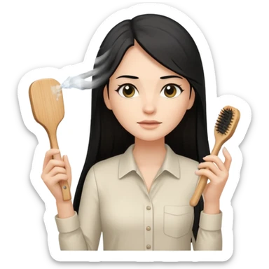 A white woman with long, straight black hair, wearing an ivory-colored shirt, holding a small square wooden paddle hairbrush in her left hand and spraying a hair mist bottle with her right hand toward her hair. sticker