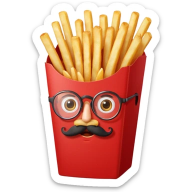 long slim crispy fries in a red carton, carton has eyes and mustache and glassess sticker