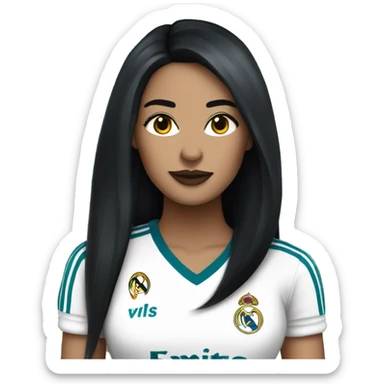 Femme fatale with long straight black hair wearing a Real Madrid jersey sticker