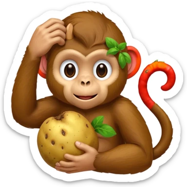 Monkey holding a potato and scratching its head sticker