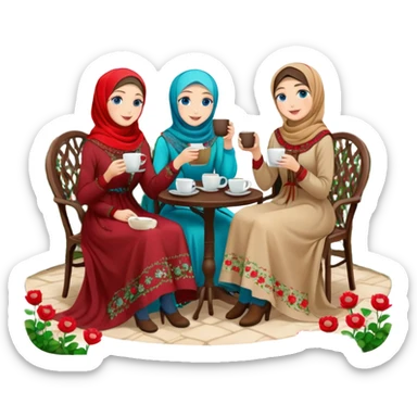 Turkish beautiful finish Konya girls blue eyes with Beautiful red green floral hijab long tail dress and this two friends sit in a lovely garden on the chair on the ground and holds cup coffe with her hand  sticker