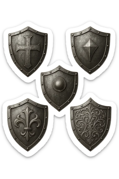 6 scudi 3d che simboleggiano "difesa e protezione", realistici in 3d fluttuano in aria, iperrealistico 4k sticker