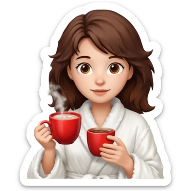{
      "type": "human",
      "look": "fluffy robe woman, messy hair, holding cup of cocoa",
      "description": "a woman in a fluffy robe with messy hair, holding a cup of cocoa"
    } sticker