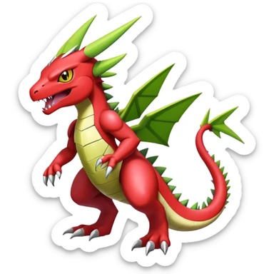 Cool edgy cute shiny futuristic Guilmon-Flygon-Tyranitar-Digimon-hybrid-fusion, yellow belly, full body sticker