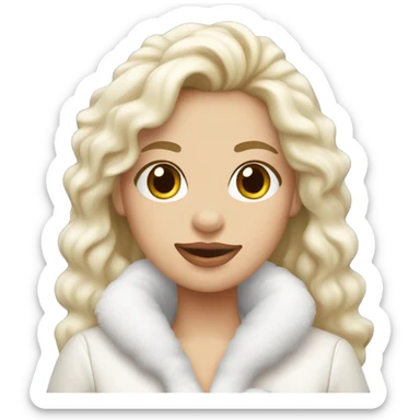 blonde girl wearing white fluffy jacket and a coffee to go in hand all dress white and a white bow on hair sticker