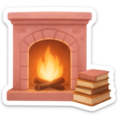 pink cozy fireplace with a stack of books, warm glow sticker