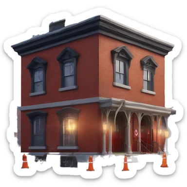 Very old dilapidated Firehouse building shaped like the Ghost Busters Firehouse with solar lights and decorative and detailed interior design with police barricades and police barriers around it  sticker