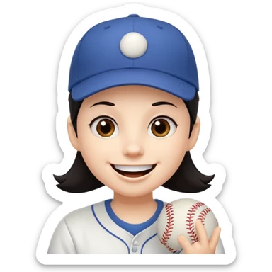 Digital illustration of a cartoon character with a big smile on its face. The character has dark hair and is wearing a white baseball cap. The overall style of the illustration is cute and playful. sticker