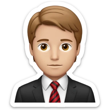 man with combed light brown hair wearing a suit with black horizontal stripes and a red tie sticker