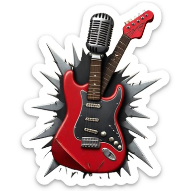 Create a powerful and dynamic humanless emoji representing rock vocals. The design should feature a classic vintage microphone with a rugged, distressed look, surrounded by elements like a guitar pick, electric guitar neck, and sound waves to reflect the raw energy of rock music. Add subtle details such as a spiked bracelet, leather textures, or bold lightning bolts to evoke the rebellious and intense spirit of rock. Use dark, edgy colors like black, red, silver, and metallic accents to emphasize the fierce, loud, and passionate nature of rock vocals. The background should be transparent. sticker