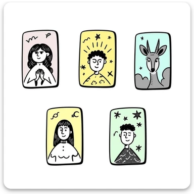 Tarot cards with mystical symbols in pastel colors (dd9fb0, ffc6d3, a3bfc9, c4bee2, f1b091), hand-drawn doodle style sticker