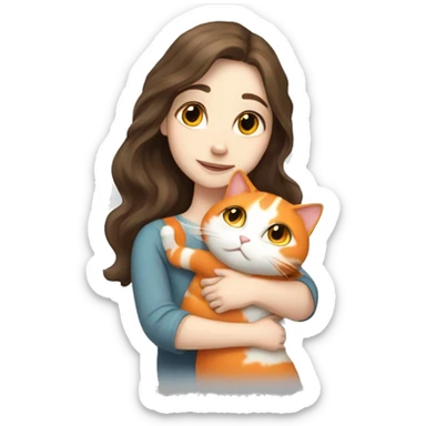 pale skinned brunette long wavy haired girl hugging her white and orange cat   sticker